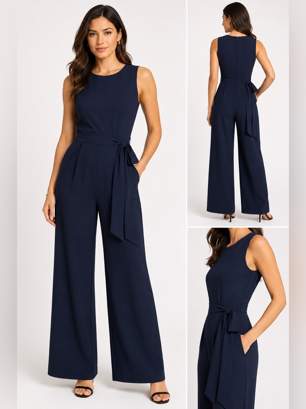 Tahari Arthur S Levine Petite 6P Navy Wide Leg Jumpsuit Tie Waist Pockets